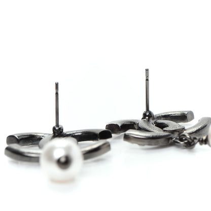 Chanel Baguette Crystal Pearl CC Drop Earrings Ruthenium 4 of 6