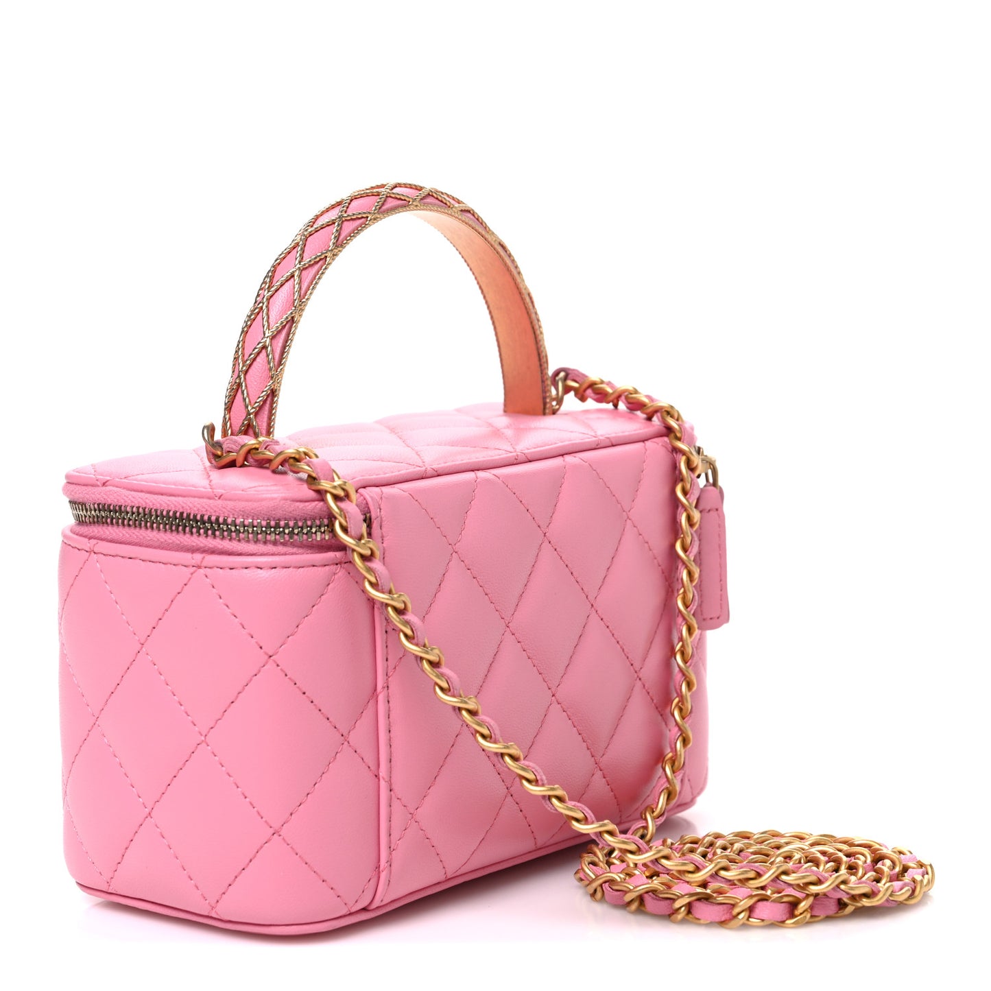 Lambskin Quilted Metal Twist Small Top Handle Vanity Case With Chain Pink