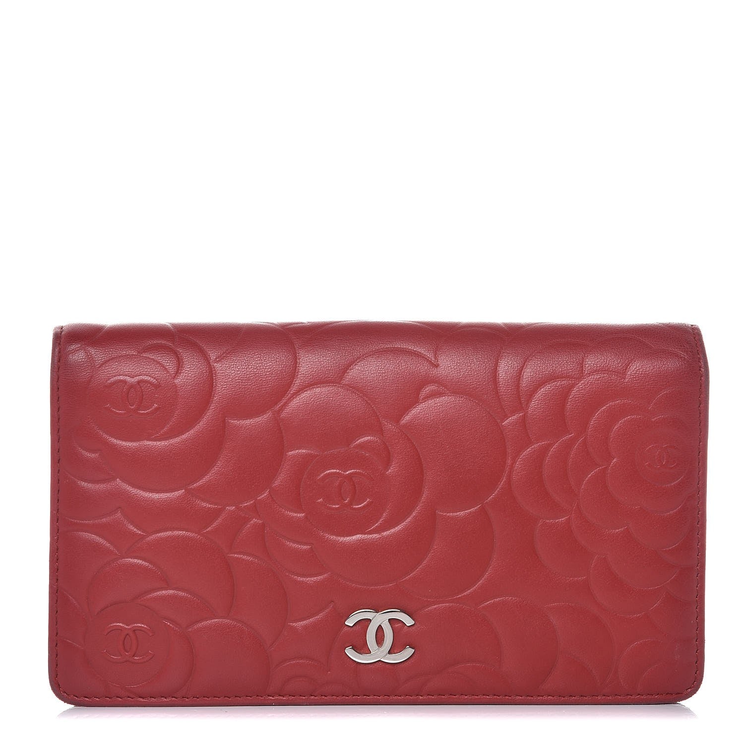 Chanel Lambskin Camellia Embossed Yen Wallet Dark Red 1 of 8