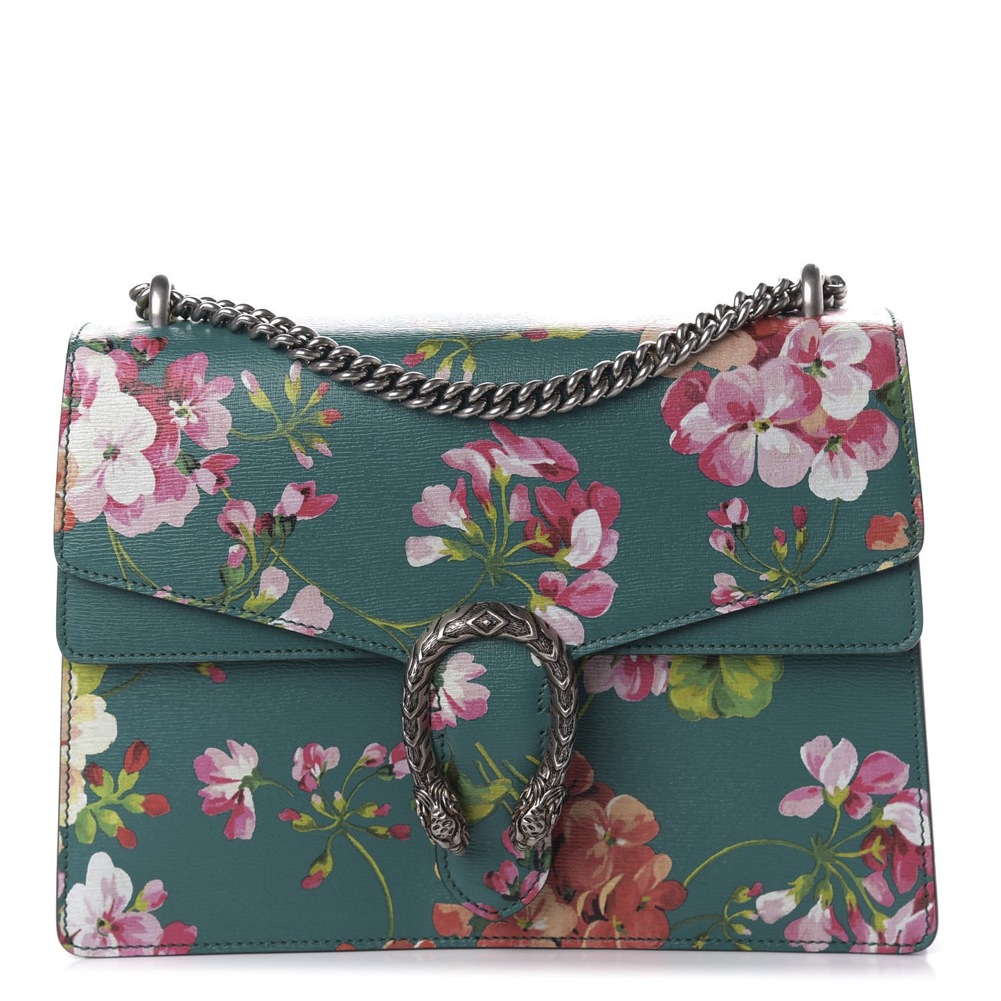 Calfskin Blooms Print Medium Dionysus Shoulder Bag Bright Emerald Multicolor