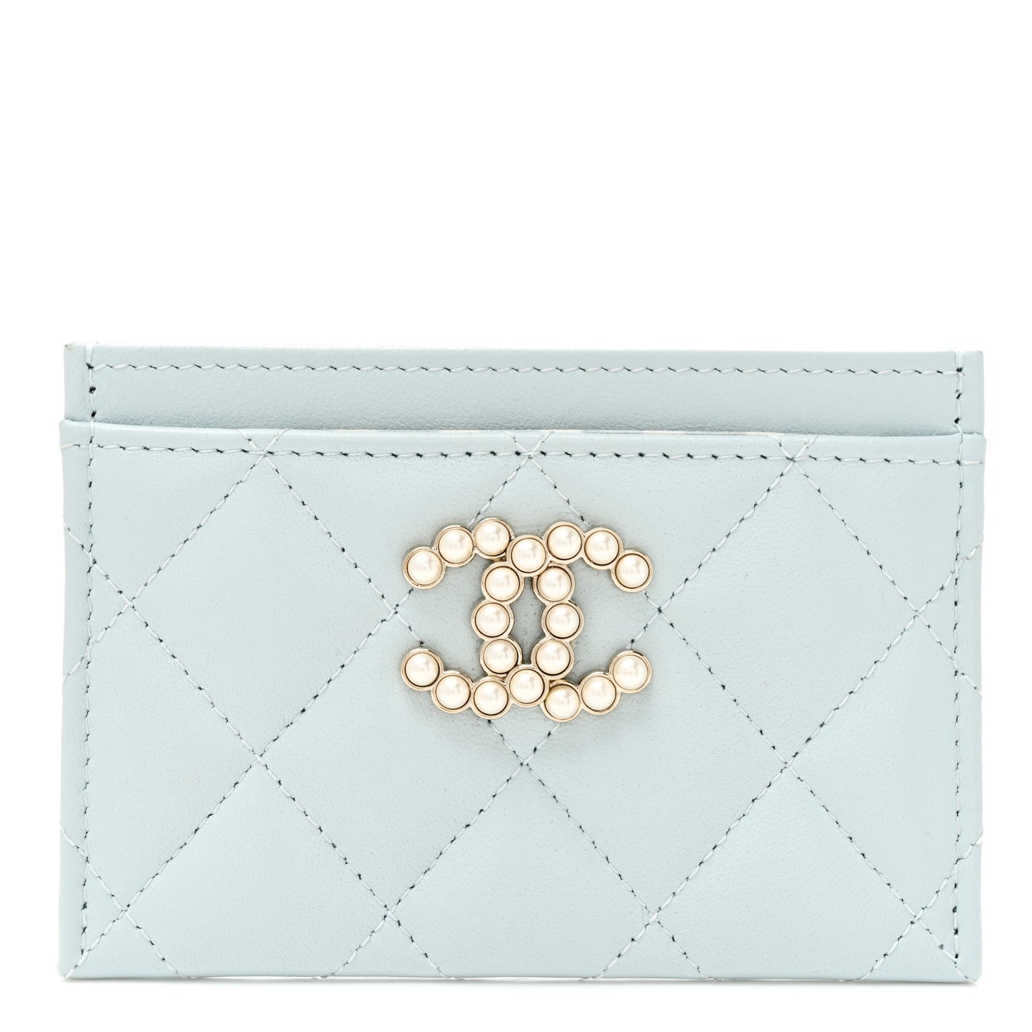 Lambskin Pearl Quilted Card Holder Light Blue