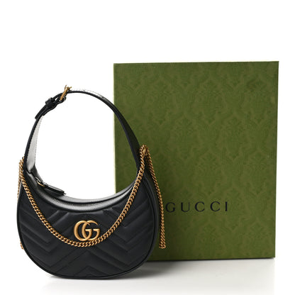 Gucci Calfskin Matelasse Chevron Mini GG Marmont Half Moon Hobo Black 9 of 9