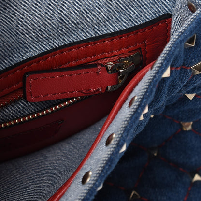 Valentino Garavani Denim Fringe Medium Rockstud Spike Shoulder Bag Blue 9 of 11