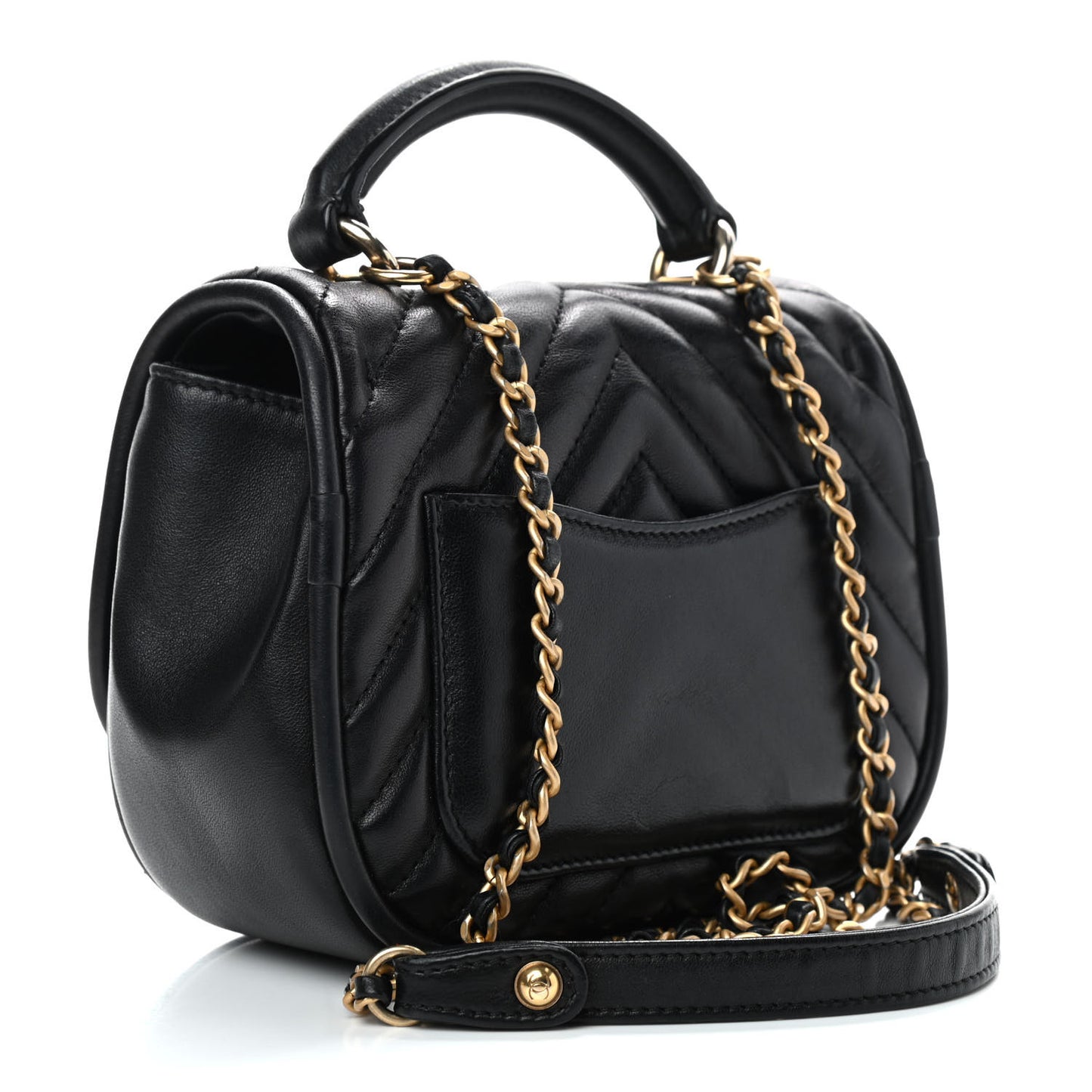 Lambskin Reverse Chevron Quilted Mini Round Top Handle Flap Black