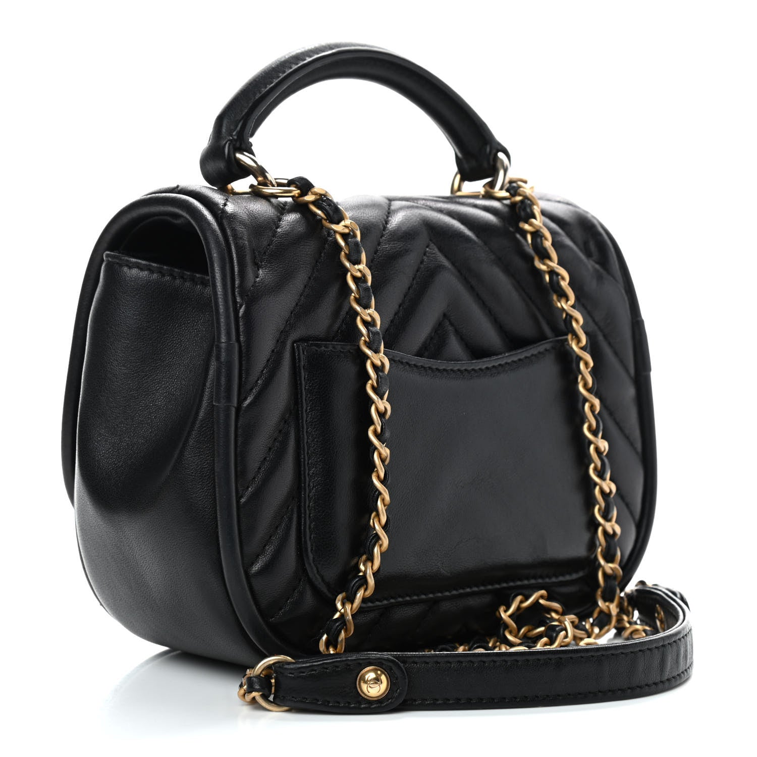 Chanel Lambskin Reverse Chevron Quilted Mini Round Top Handle Flap Black 3 of 9