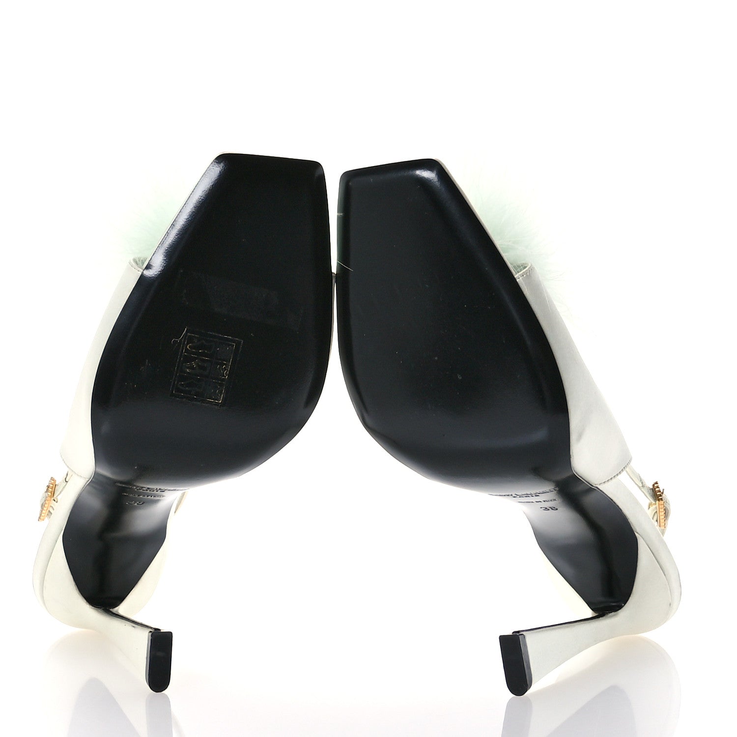 Saint Laurent Crepe Satin Blanco Feathered Sandals Slight 38 Green 6 of 10