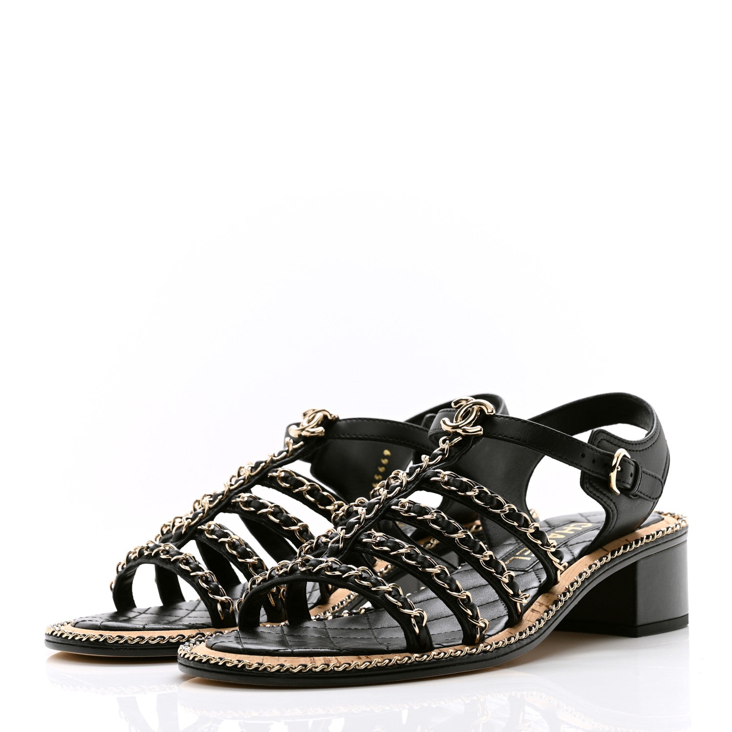 Chanel Lambskin Chain Cork Sandals 39 Black 3 of 9