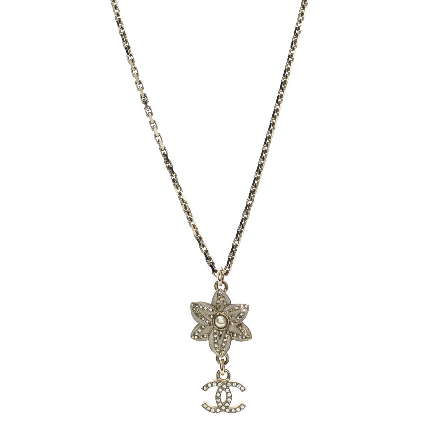 Chanel Crystal CC Flower Drop Necklace White 1 of 5