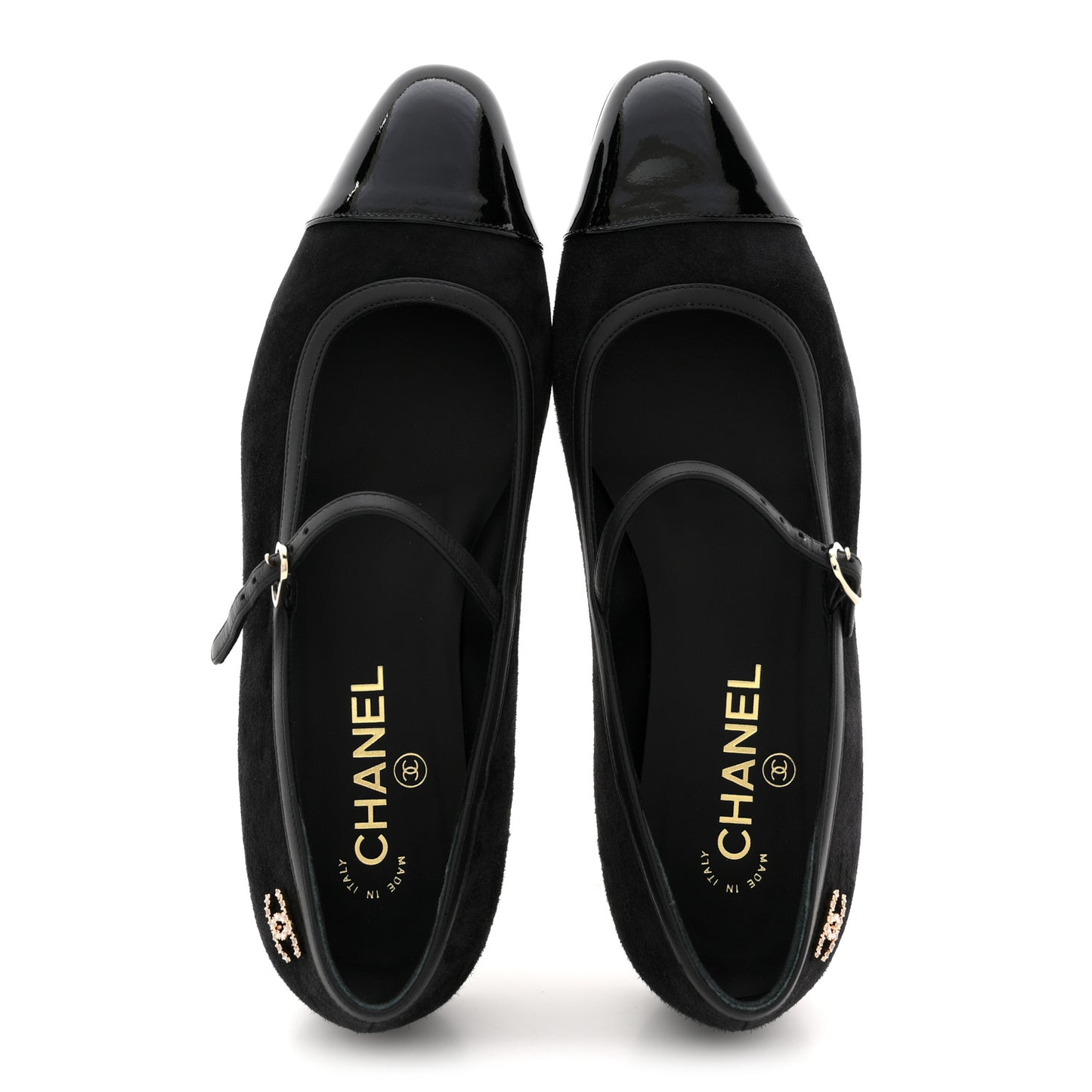 Suede Kidskin Lambskin Patent Calfskin Crystal CC Cap Toe Flats 40 Black