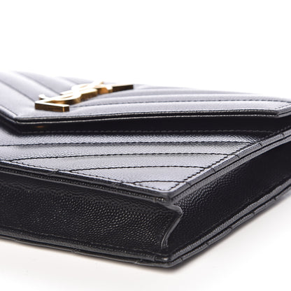Saint Laurent Grain De Poudre Matelasse Chevron Monogram Envelope Chain Wallet Black 10 of 10