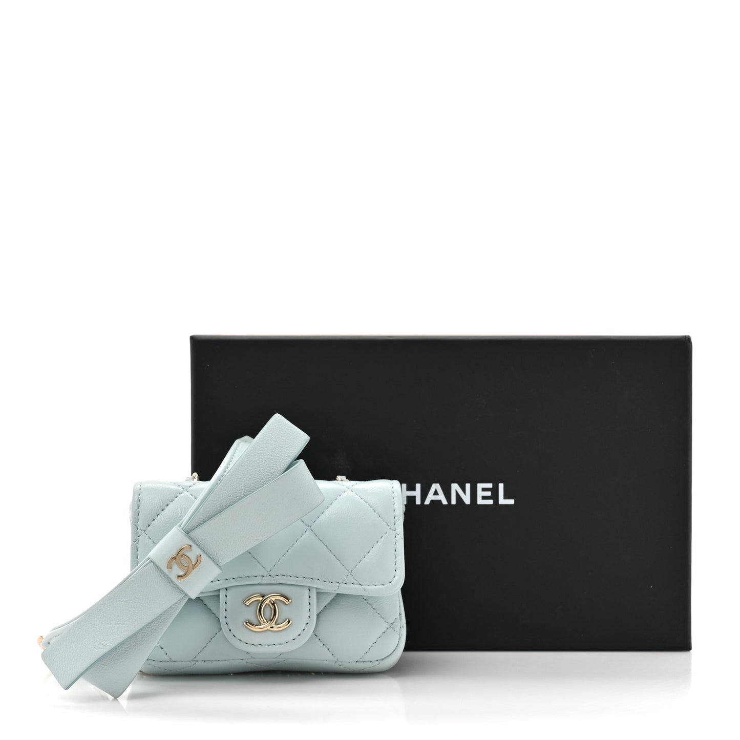 Lambskin Quilted Flap Bow Chain Waist Bag Light Blue