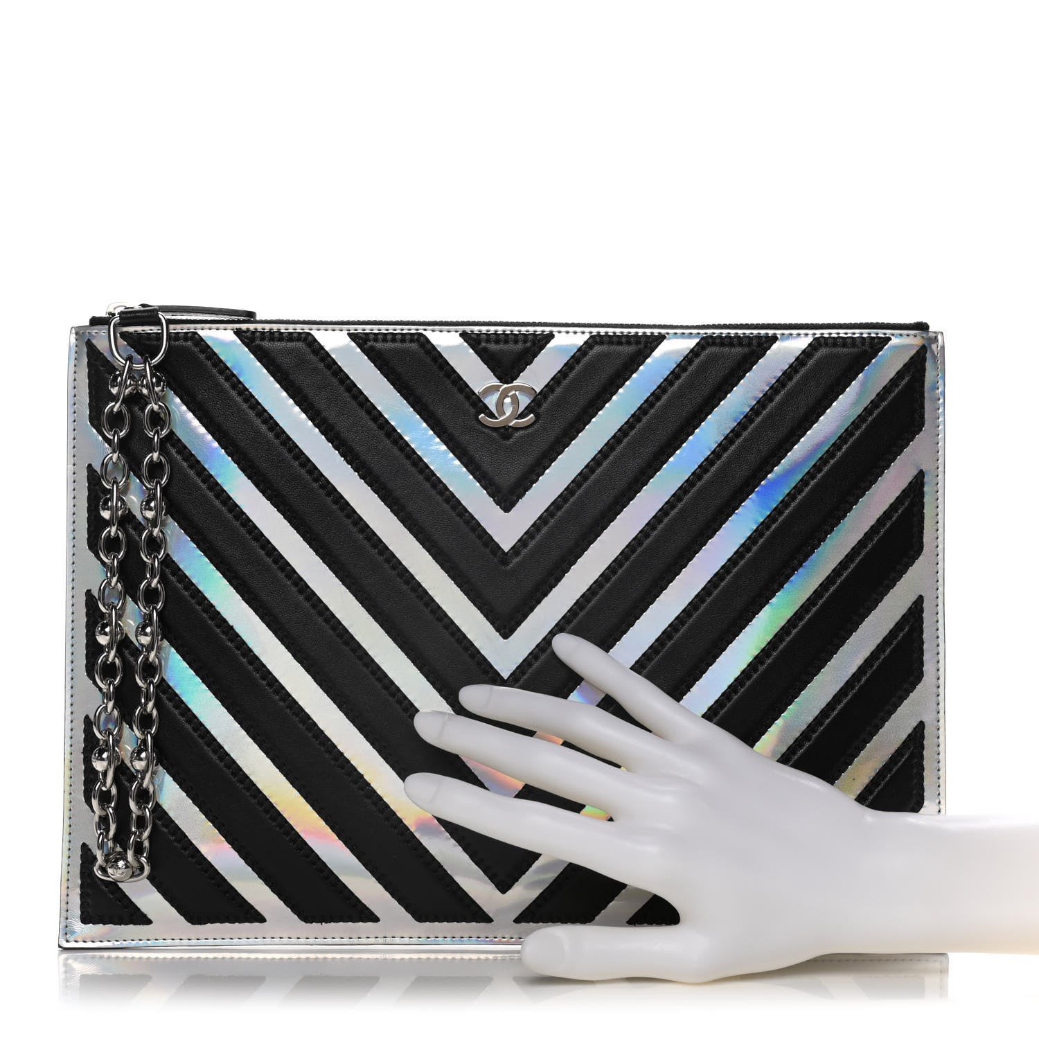 Chanel Lambskin Metallic Chevron Zip Pouch Black Silver 2 of 9