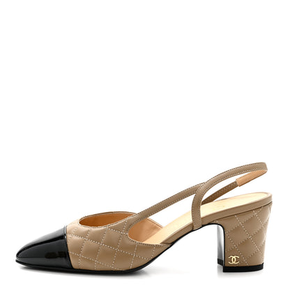 Chanel Lambskin Patent Calfskin Quilted Cap Toe CC Slingback Pumps 38 Beige Black 1 of 8