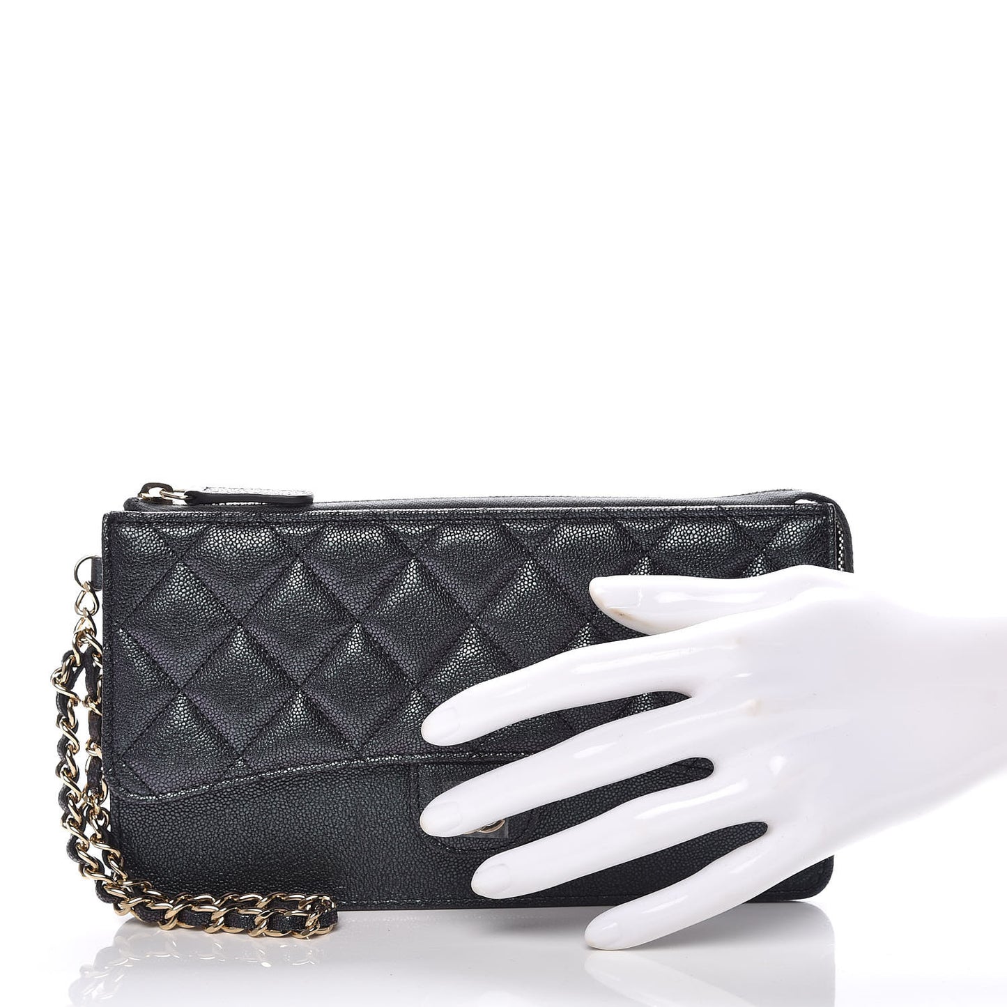 Iridescent Caviar Quilted Classic Pouch With Handle Black
