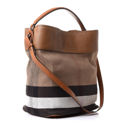 Burberry Grainy Calfskin Canvas Mega Check Medium Ashby Tassel Hobo Saddle Brown 3 of 16
