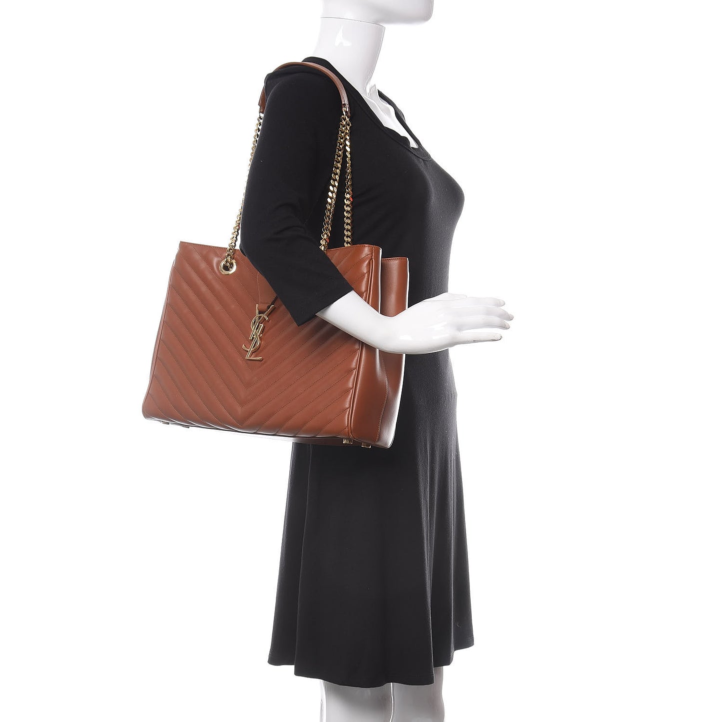 Smooth Calfskin Matelasse Chevron Large Monogram Shopping Bag Brown