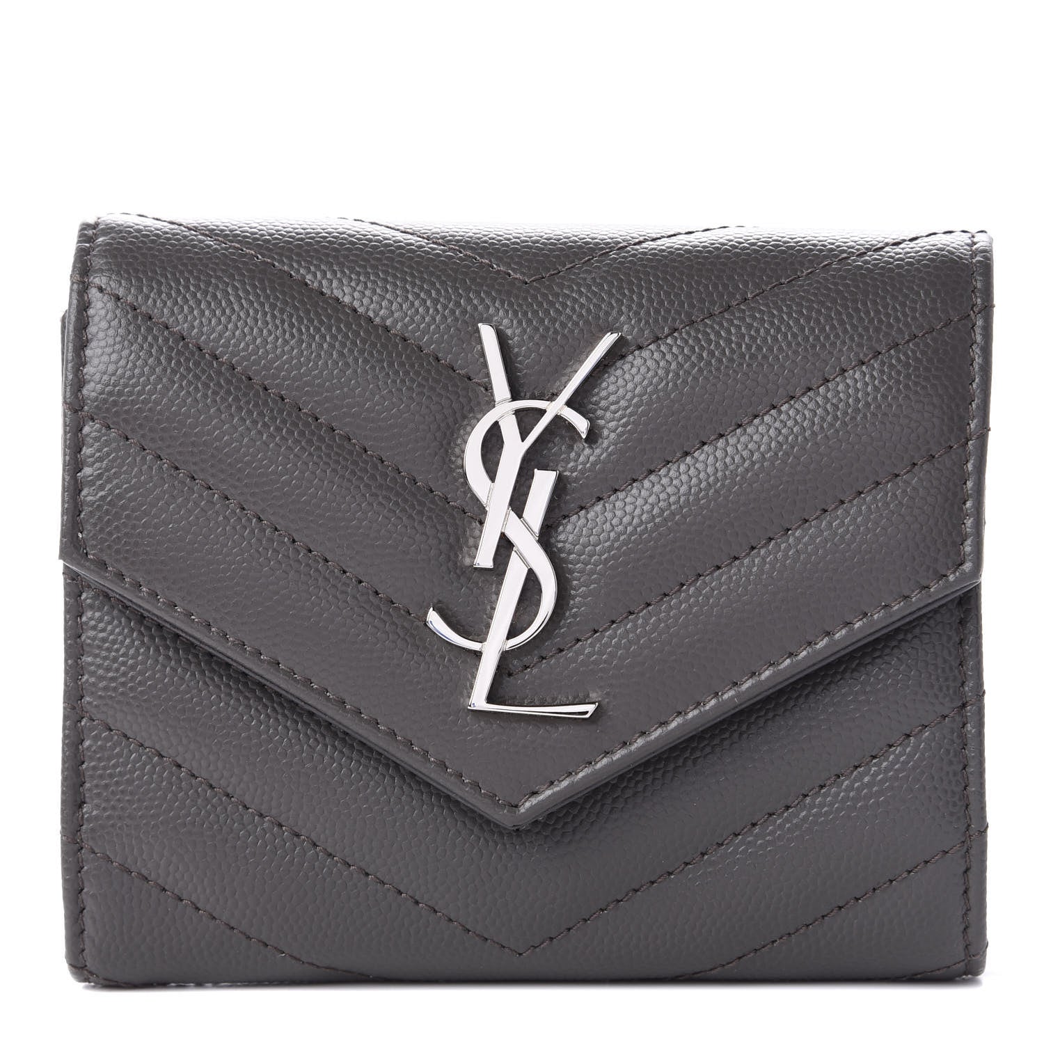 Saint Laurent Grain De Poudre Matelasse Chevron Monogram Compact Tri Fold Wallet Earth 1 of 12