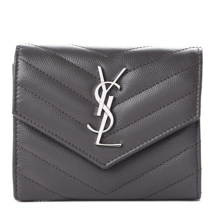 Saint Laurent Grain De Poudre Matelasse Chevron Monogram Compact Tri Fold Wallet Earth 1 of 12