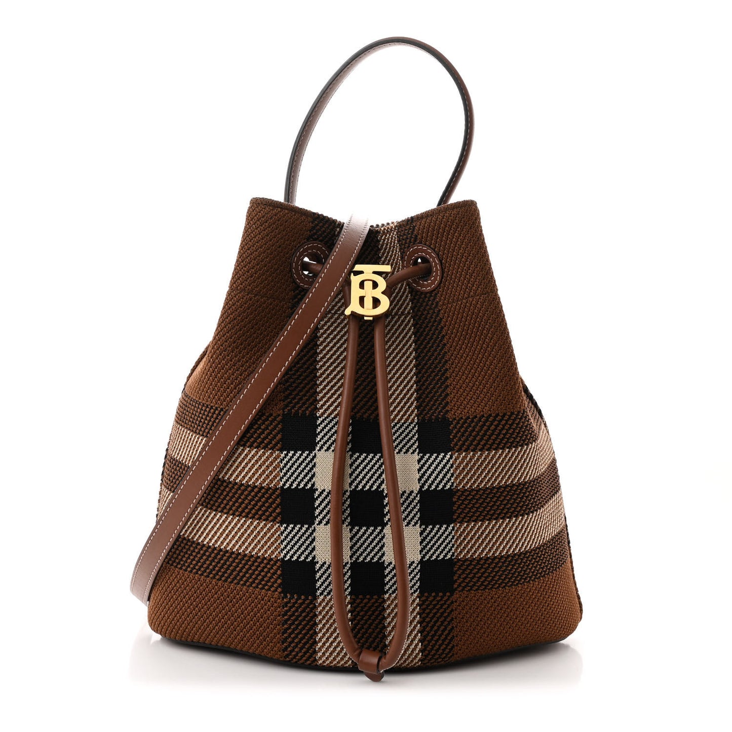 Knitted Check Calfskin TB Small Drawstring Bucket Bag Dark Birch Brown