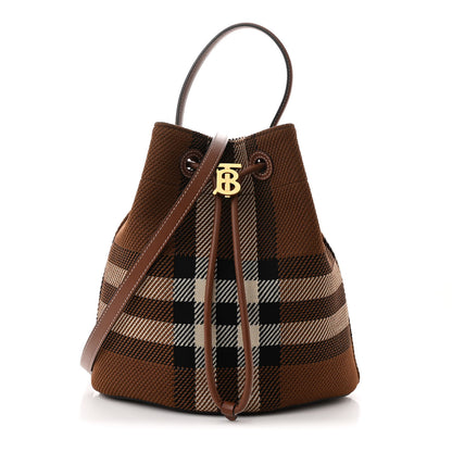 Burberry Knitted Check Calfskin TB Small Drawstring Bucket Bag Dark Birch Brown 1 of 12