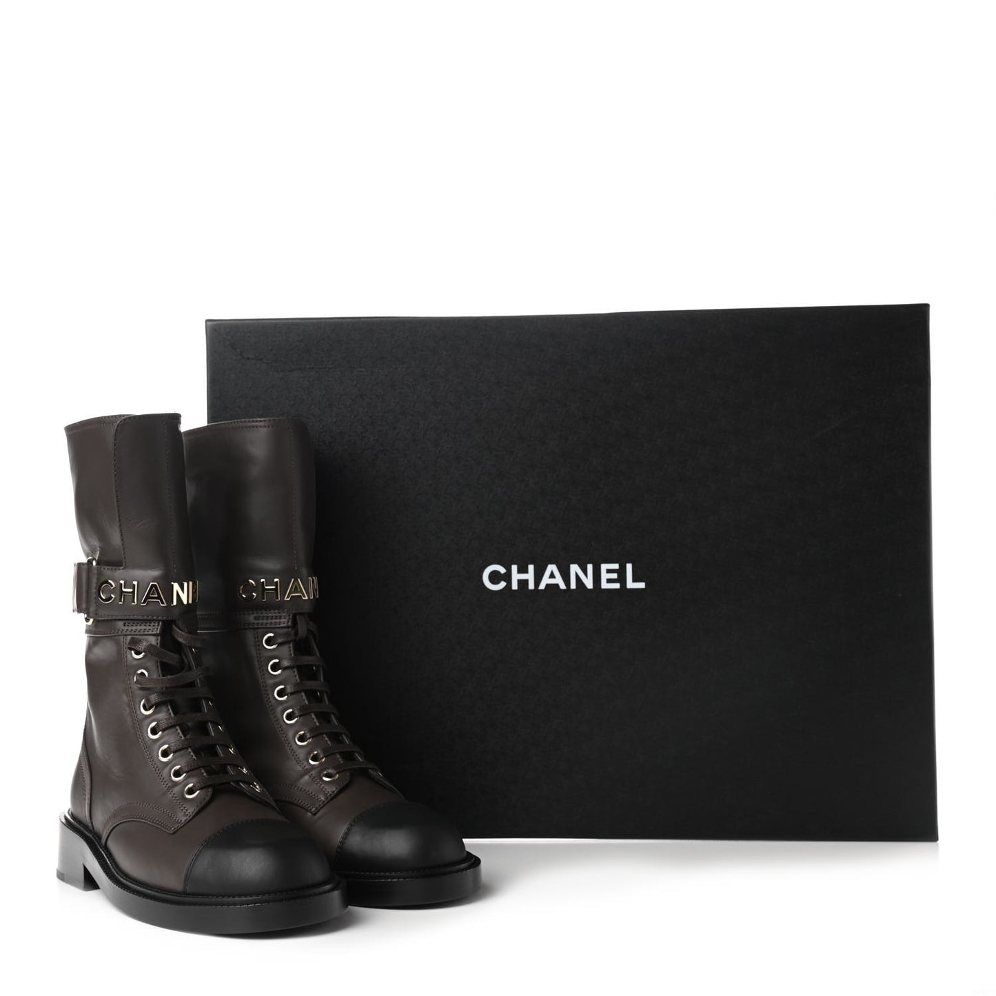 Shiny Calfskin Lace Up Combat Boots 35 Dark Brown Black