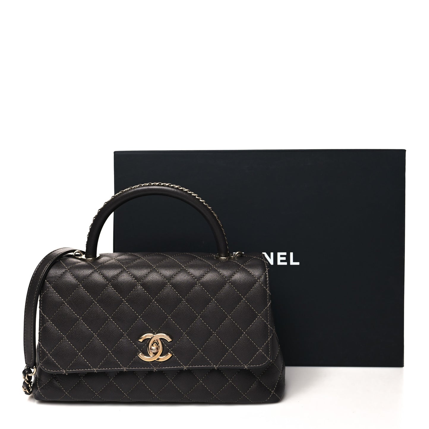 Caviar Contrast Stitch Small Coco Chain Handle Flap Dark Grey