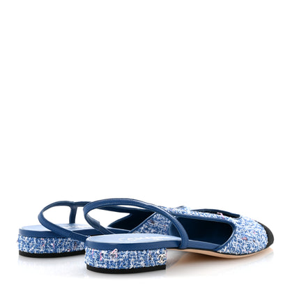 Chanel Tweed Grosgrain Cap Toe Slingback Flats 41 Blue White Black 5 of 9