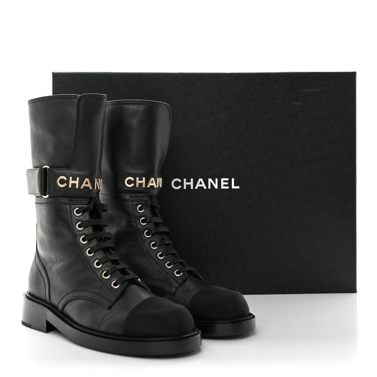 Shiny Calfskin Lace Up Combat Boots 37.5 Black