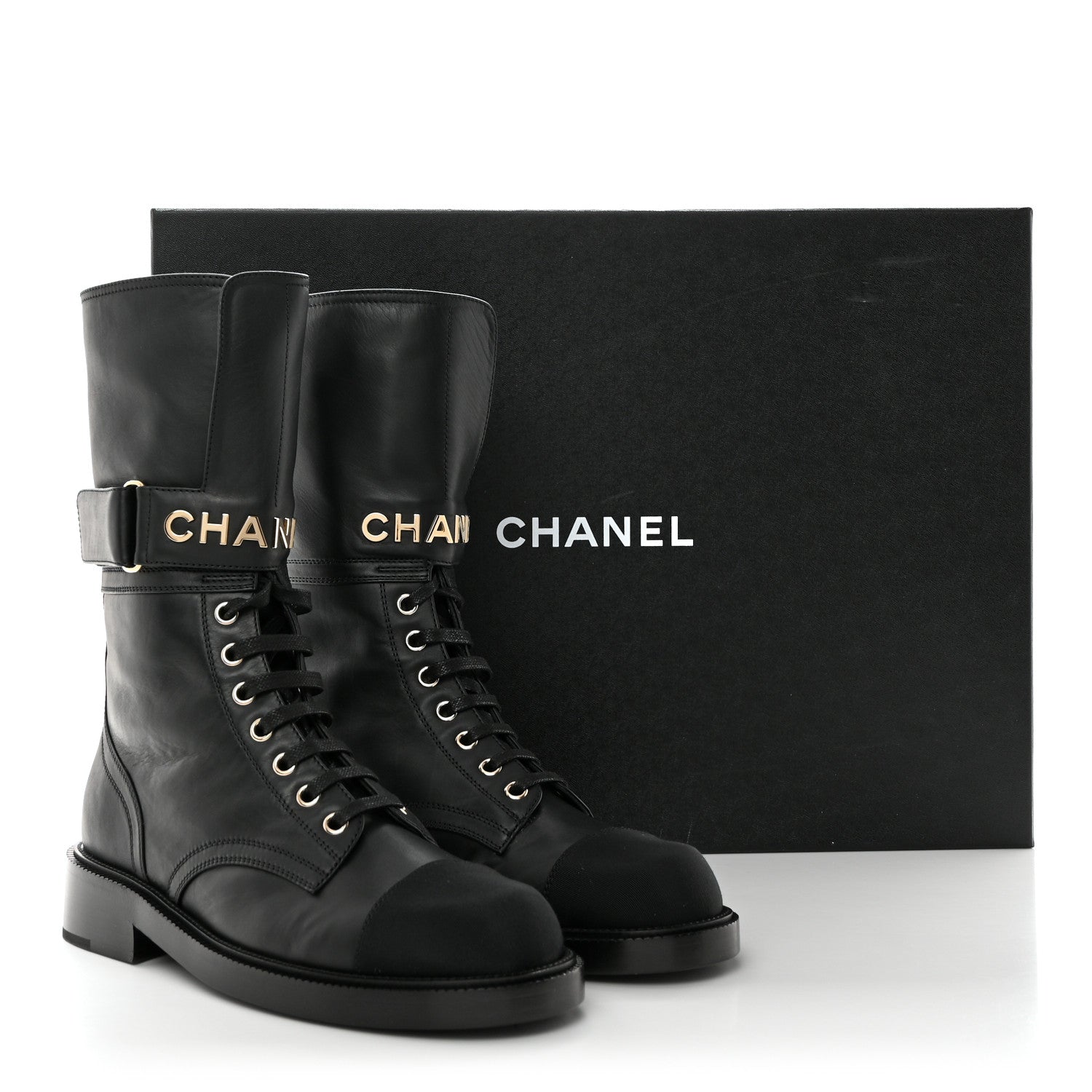 Chanel Shiny Calfskin Lace Up Combat Boots 37.5 Black 10 of 10