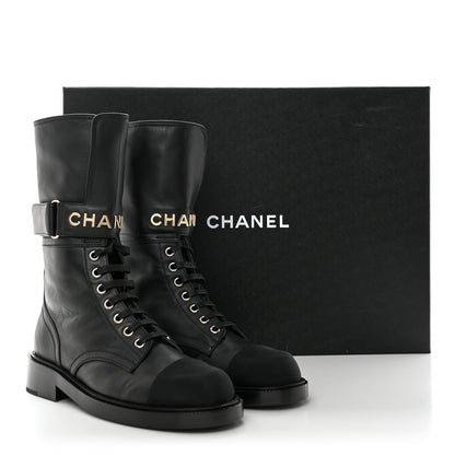 Chanel Shiny Calfskin Lace Up Combat Boots 37.5 Black 10 of 10