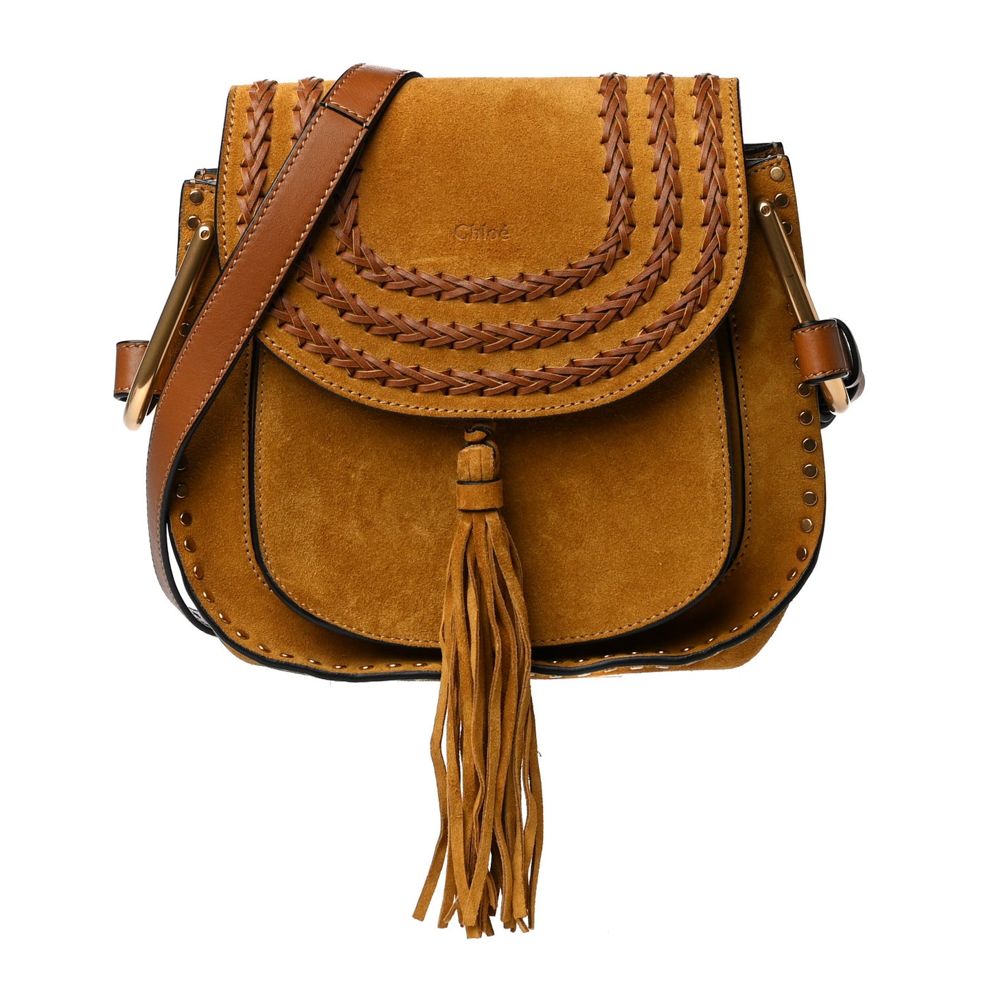 Suede Calfskin Braided Small Hudson Shoulder Bag Caramel