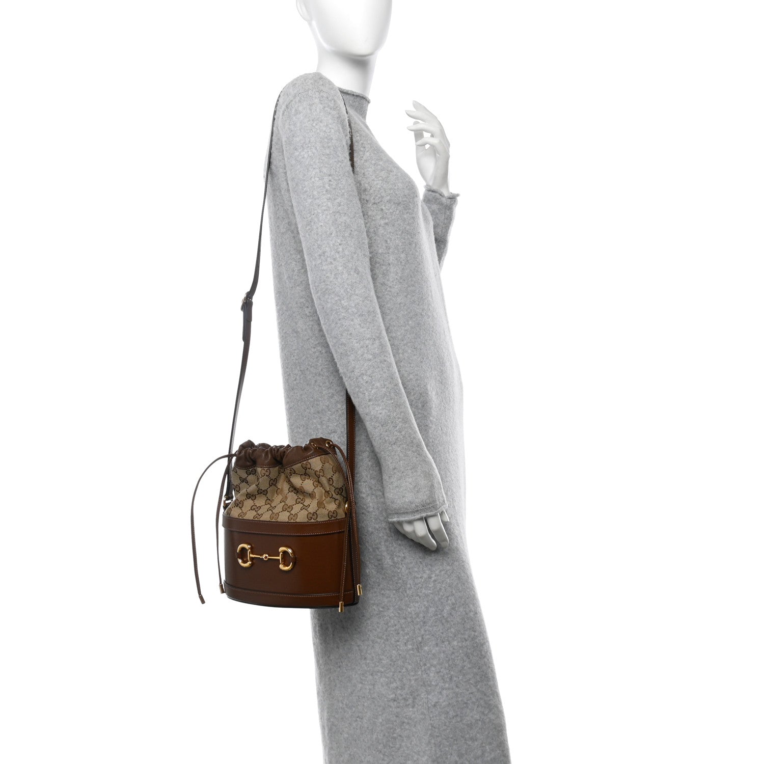 Gucci Monogram Textured Calfskin Horsebit 1955 Drawstring Bucket Bag Beige Brown Sugar 2 of 10