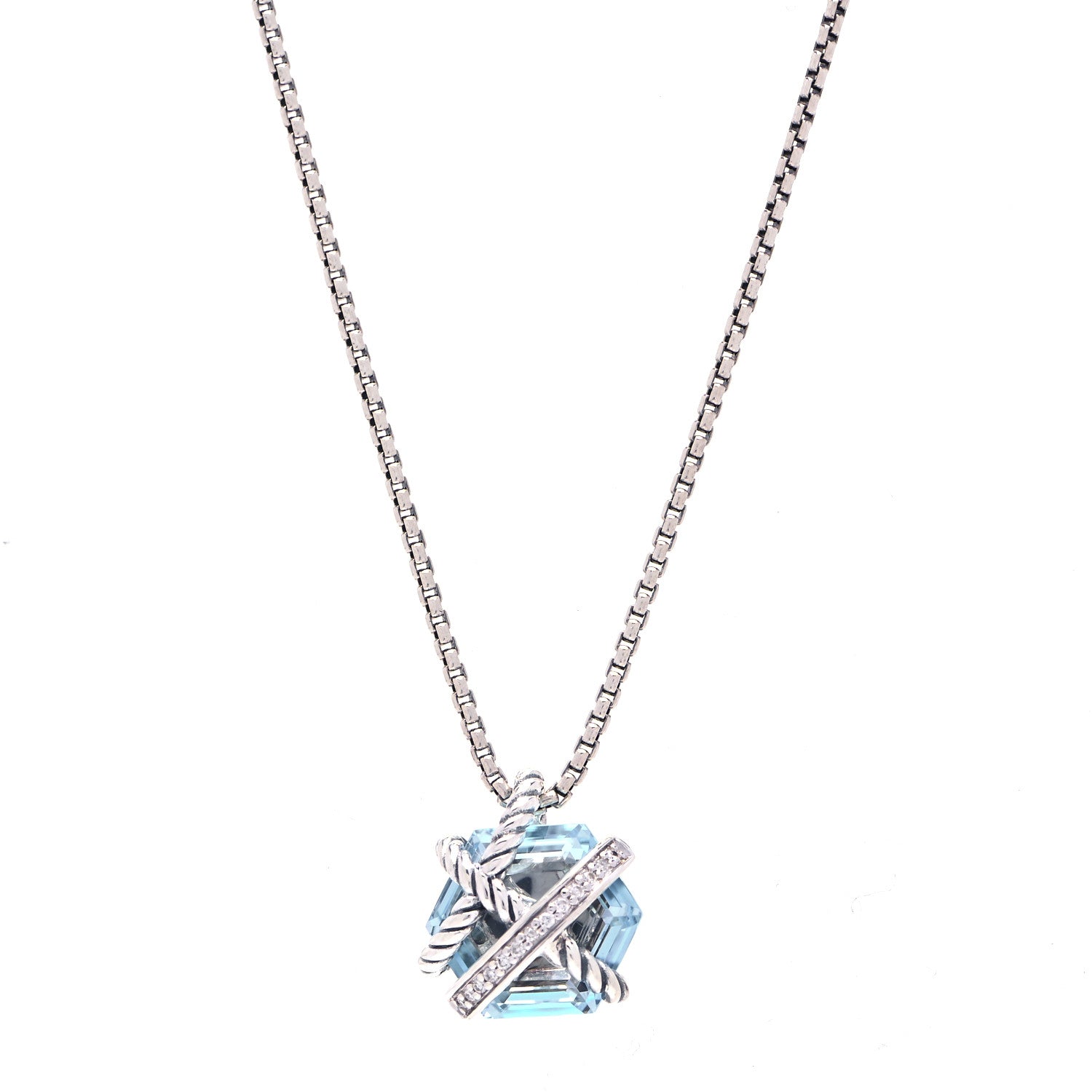 David Yurman Sterling Silver Diamond Blue Topaz 10mm Petite Cable Wrap Pendant Necklace 1 of 5