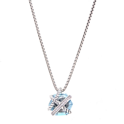 David Yurman Sterling Silver Diamond Blue Topaz 10mm Petite Cable Wrap Pendant Necklace 1 of 5