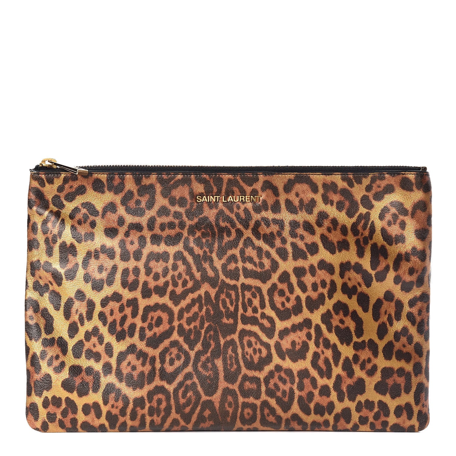 Saint Laurent Metallic Calfskin Leopard Printed Letters Monogram Zip Clutch 1 of 8