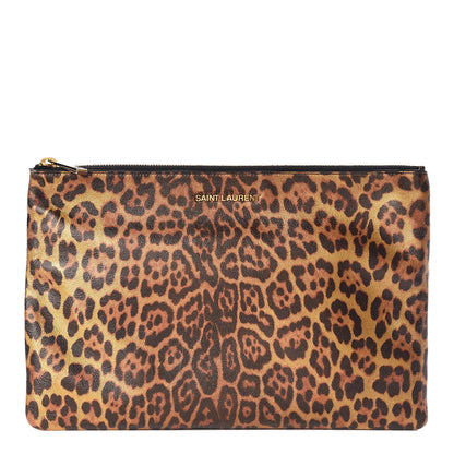 Saint Laurent Metallic Calfskin Leopard Printed Letters Monogram Zip Clutch 1 of 8
