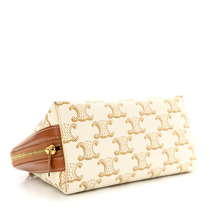 Celine Lambskin Triomphe Canvas Clutch With Chain White Tan 4 of 10