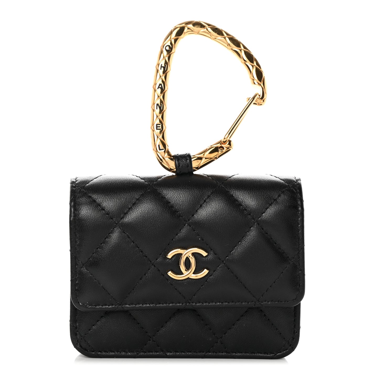 Lambskin Quilted CC Hook Card Holder Black