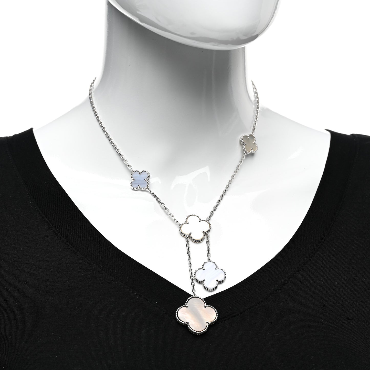 18K White Gold Mother of Pearl Chalcedony 6 Motifs Magic Alhambra Necklace