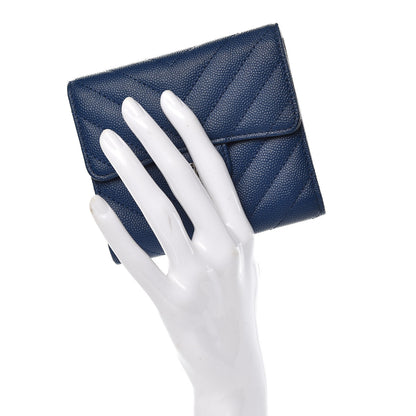 Chanel Caviar Chevron Quilted Compact Flap Wallet Navy 2 of 9