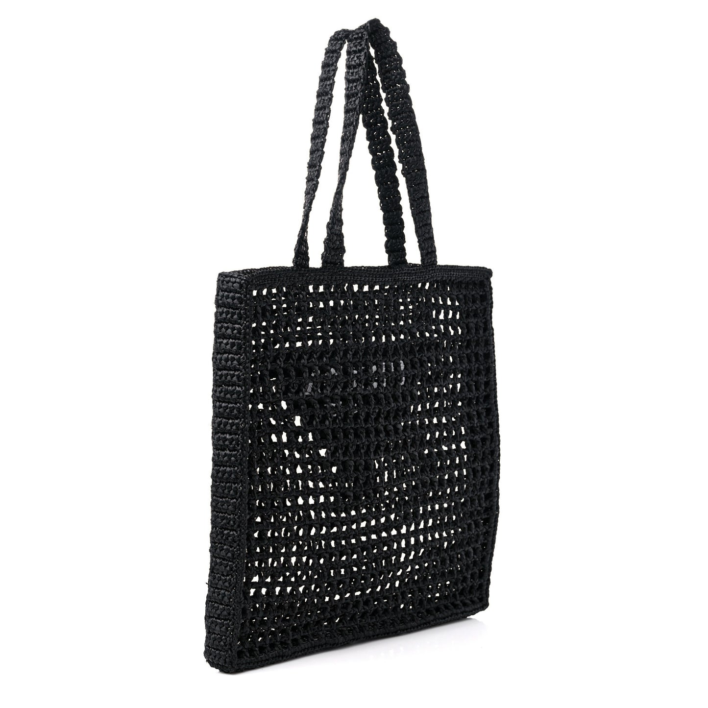 Yarn Raffia Effect Crochet Logo Embroidered Tote Bag Black