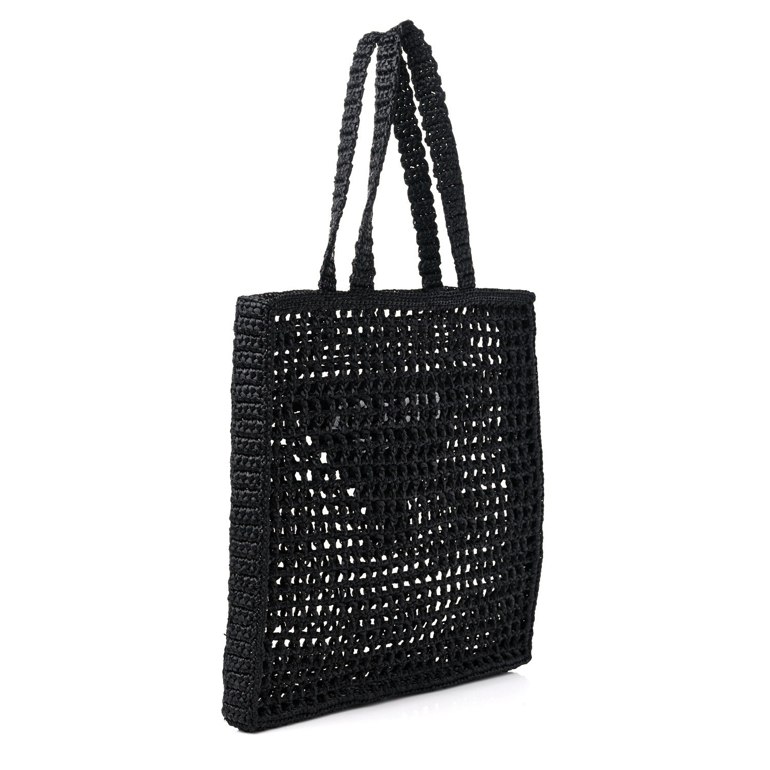 Prada Yarn Raffia Effect Crochet Logo Embroidered Tote Bag Black 3 of 8