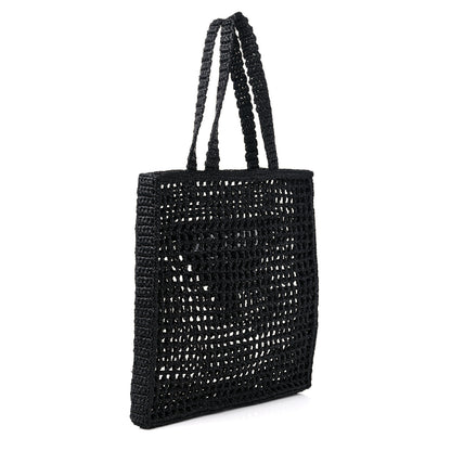 Prada Yarn Raffia Effect Crochet Logo Embroidered Tote Bag Black 3 of 8