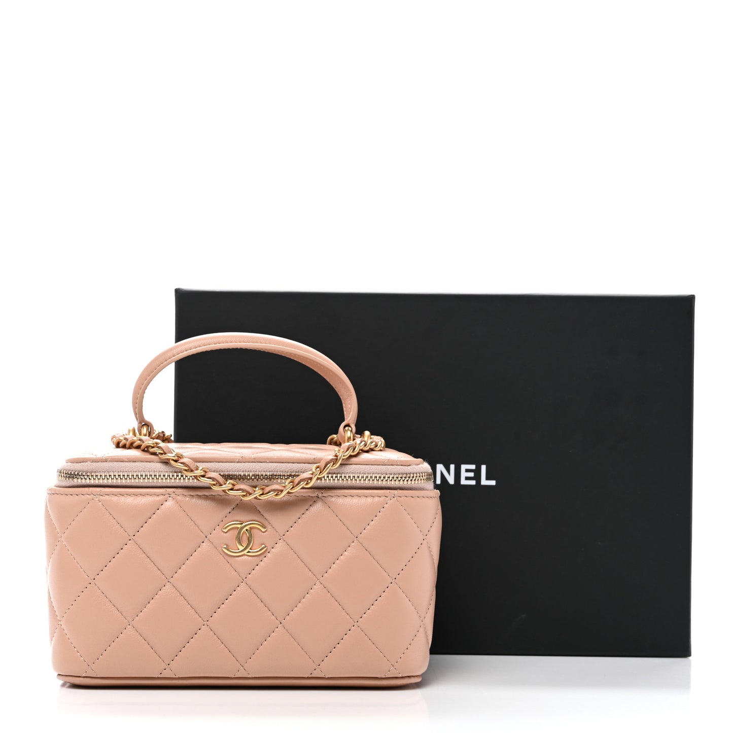 Lambskin Quilted Small Top Handle Vanity Case With Chain Beige