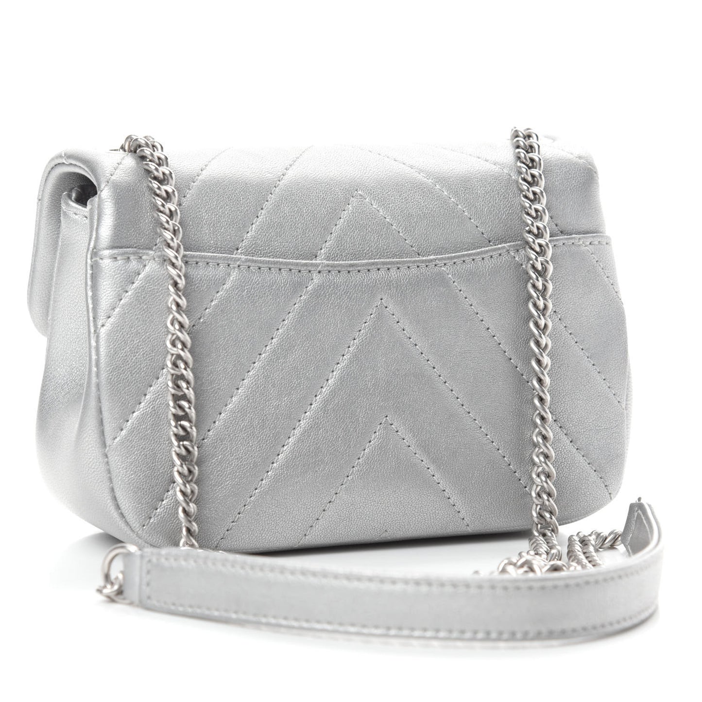 Metallic Lambskin Chevron Quilted Mini Flap Silver