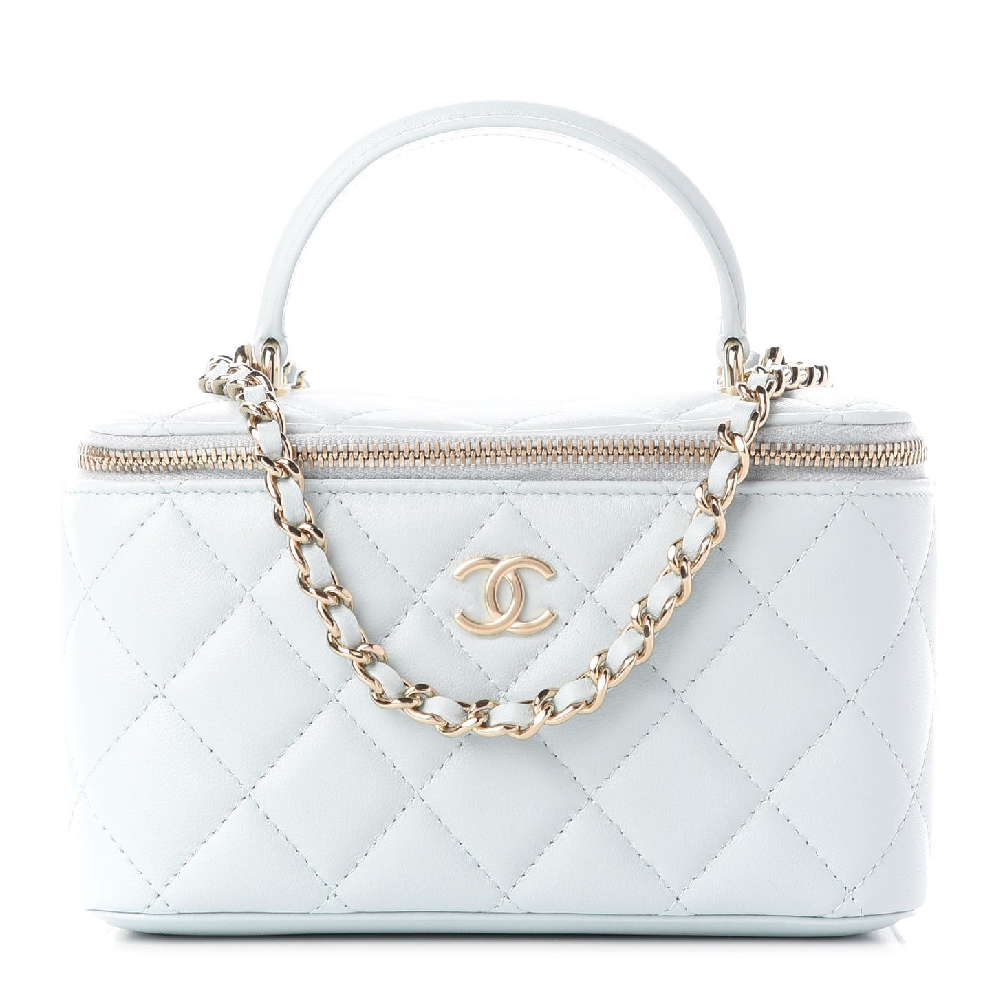 Lambskin Quilted Small Top Handle Vanity Case With Chain Light Blue