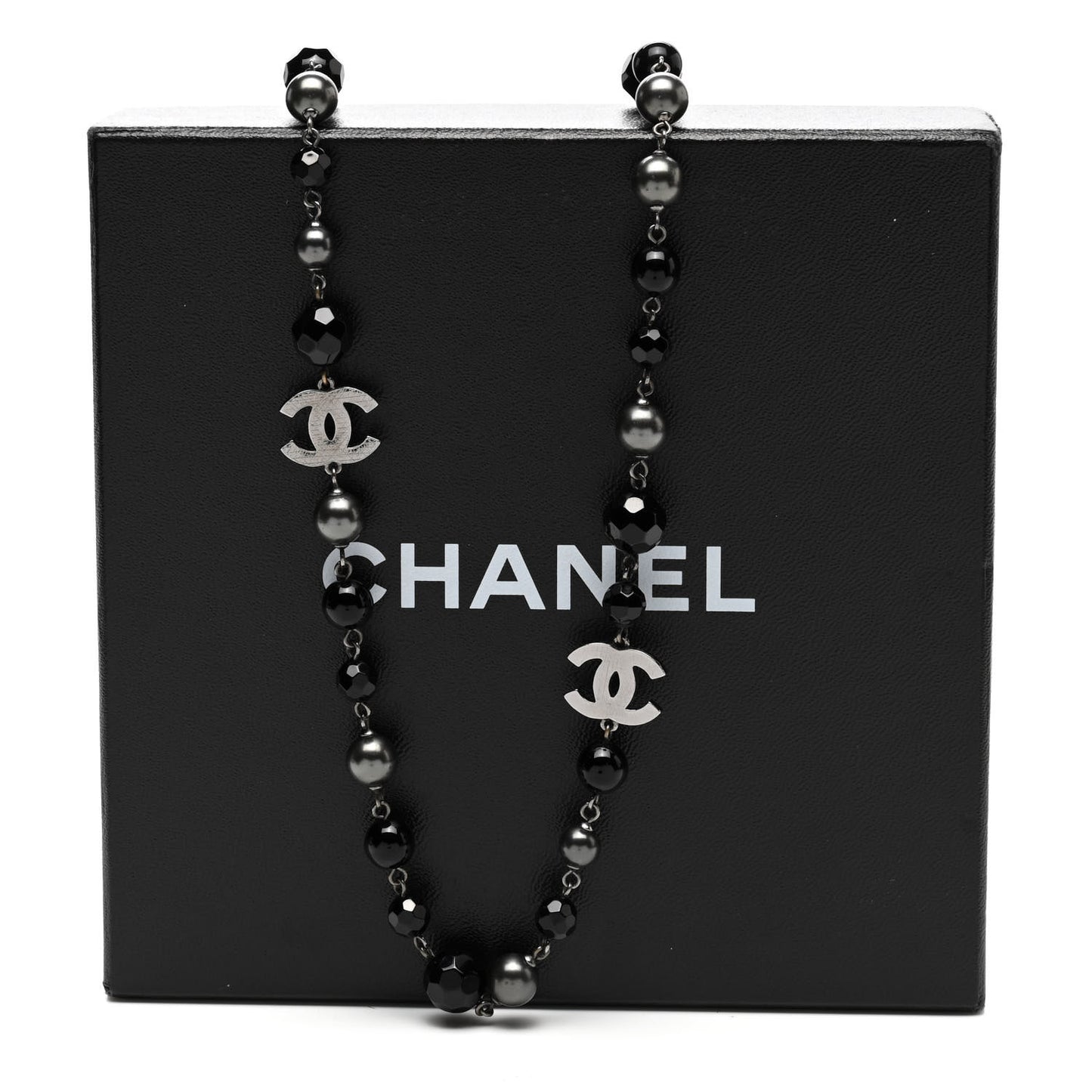 Ruthenium Pearl Beaded CC Long Necklace Black