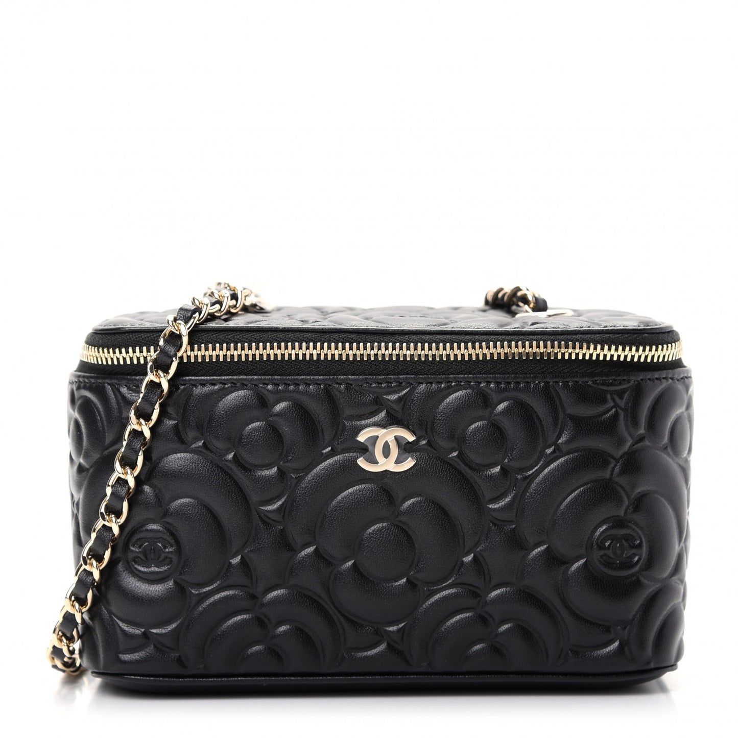 Goatskin Camellia Embossed Quilted Small Vanity Case With Chain Black