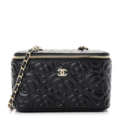 Chanel Goatskin Camellia Embossed Quilted Small Vanity Case With Chain Black 1 of 10