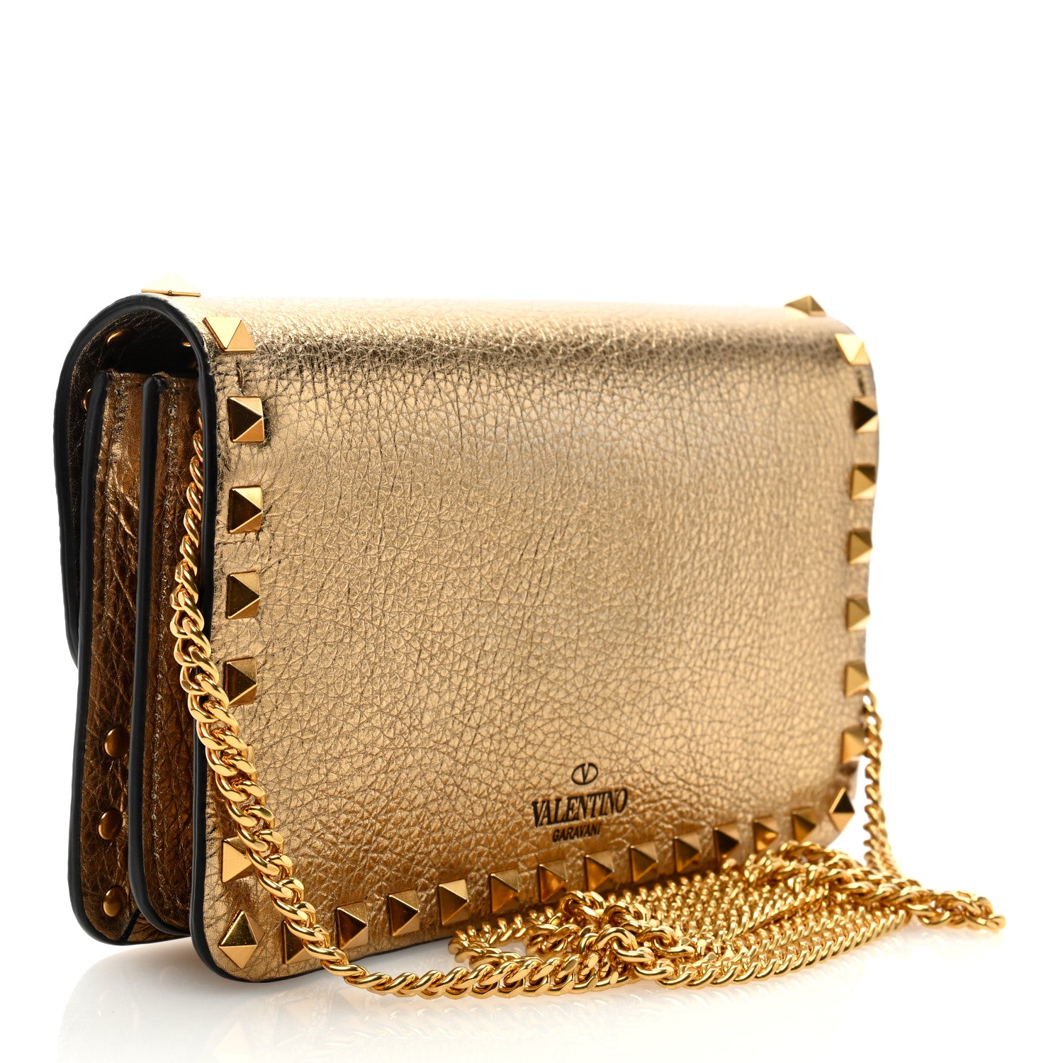 Valentino Garavani Pebbled Calfskin Rockstud Flap Wallet On Chain Soft Gold 3 of 9